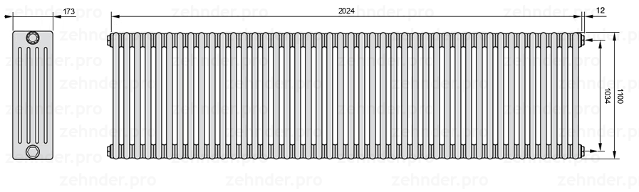 Схема (чертеж) Радиатор Zehnder Charleston 5110/44 №7610 Белый глянцевый RAL 9016